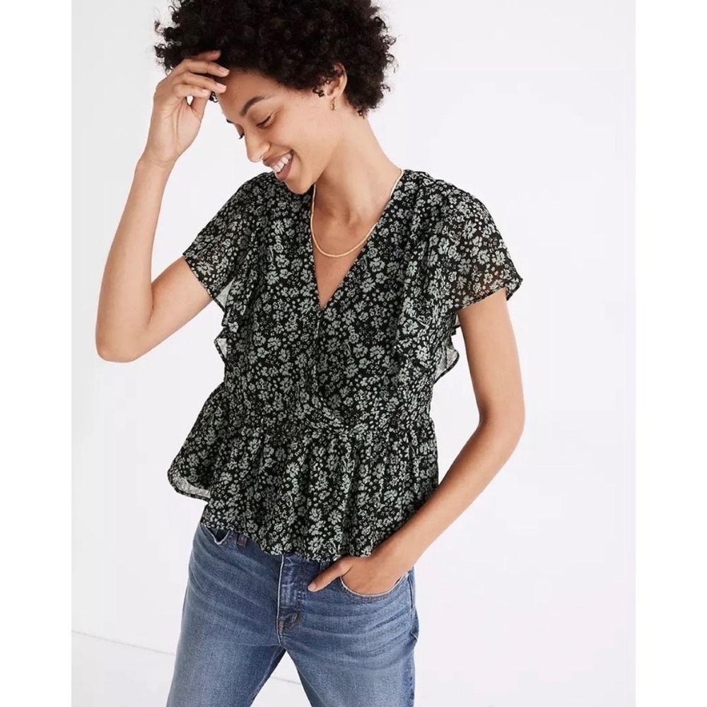 Madewell Georgette Ruffle-Sleeve Peplum Top in Flyer Field, size XS